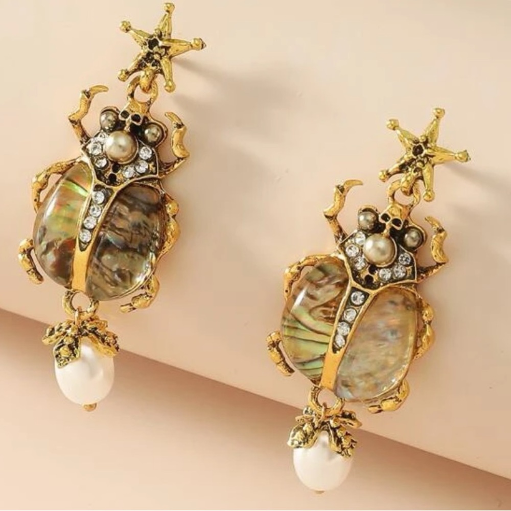 Abalone Pearl Beetle Dangle Earrings - Picture 1 of 8
